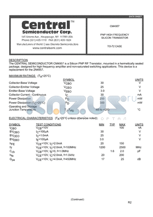 CM4957 datasheet - PNP HIGH FREQUENCY SILICON TRANSISTOR