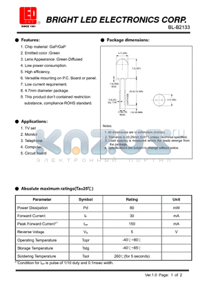 BL-B2133 datasheet - LED GaP/GaP Green Low current requirement.