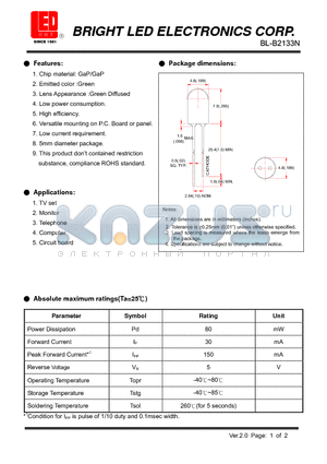 BL-B2133N datasheet - GaP/GaP Green Low current requirement High efficiency