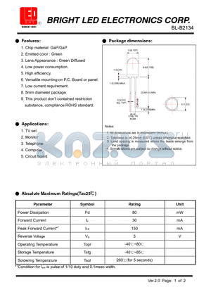 BL-B2134 datasheet - GaP/GaP Green Low current requirement High efficiency