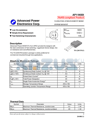 AP11N50I datasheet - N-CHANNEL ENHANCEMENT MODE POWER MOSFET