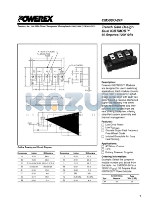 CM50DU-24F datasheet - Trench Gate Design Dual IGBTMOD 50 Amperes/1200 Volts