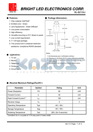 BL-B2134J datasheet - LED GaP/GaP Green Low current requirement High efficiency.