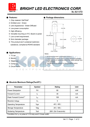 BL-B2137D datasheet - LED GaP/GaP Green Low current requirement High efficiency.