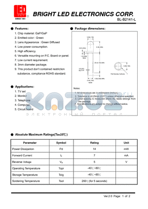 BL-B2141-L datasheet - LED GaP/GaP Green Low current requirement High efficiency.