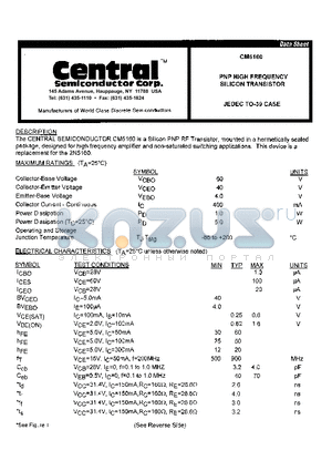 CM5160 datasheet - PNP HIGH FREQUENCY SILICON TRANSISTOR