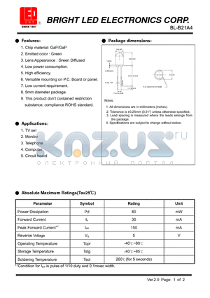 BL-B21A4 datasheet - Chip material: GaP/GaP