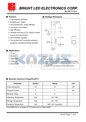 BL-B21V1G-L datasheet - LED GaP/GaP Green Low current requirement.