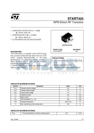 420 datasheet - NPN Silicon RF Transistor