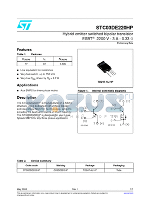 C03DE220HP datasheet - Hybrid emitter switched bipolar transistor ESBT 2200 V - 3 A - 0.33 