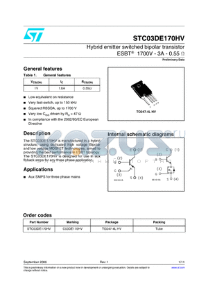 C03DE170HV datasheet - Hybrid emitter switched bipolar transistor ESBT 1700V - 3A - 0.55 OHM