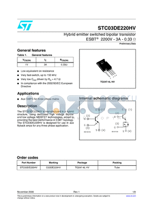 C03DE220HV datasheet - Hybrid emitter switched bipolar transistor ESBT 2200V - 3A - 0.33OHM