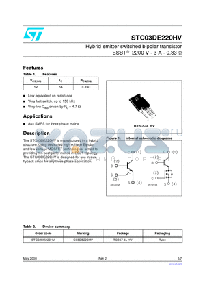 C03DE220HV datasheet - Hybrid emitter switched bipolar transistor ESBT 2200 V - 3 A - 0.33 