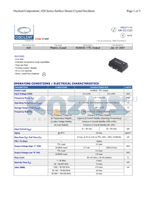 420-12.0M-3DN-T datasheet - Plastic J-Lead HCMOS / TTL Output