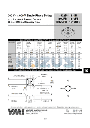 1502B datasheet - 200 V - 1,000 V Single Phase Bridge 22.0 A - 25.0 A Forward Current 70 ns - 3000 ns Recovery Time