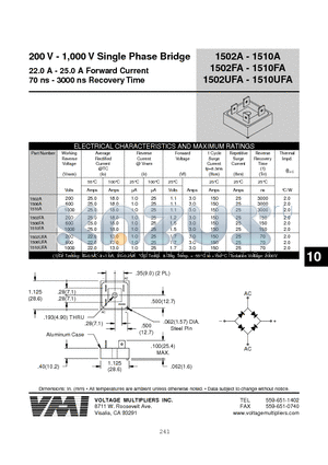 1502FA datasheet - 200 V - 1,000 V Single Phase Bridge 22.0 A - 25.0 A Forward Current 70 ns - 3000 ns Recovery Time