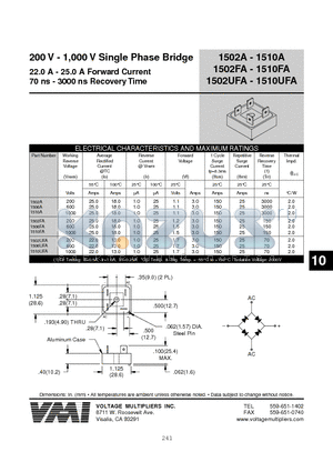 1502UFA datasheet - 200 V - 1,000 V Single Phase Bridge 22.0 A - 25.0 A Forward Current 70 ns - 3000 ns Recovery Time