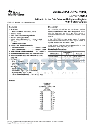 CD54HC354 datasheet - 8-Line to 1-Line Data Selector/Multiplexer/Register With 3-State Outputs