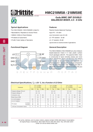 218MS8E datasheet - GaAs MMIC SMT DOUBLEBALANCED MIXER, 4.5 - 6 GHz