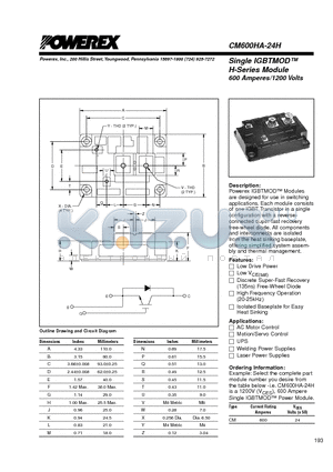 CM600HA-24H datasheet - Single IGBTMOD H-Series Module 600 Amperes/1200 Volts