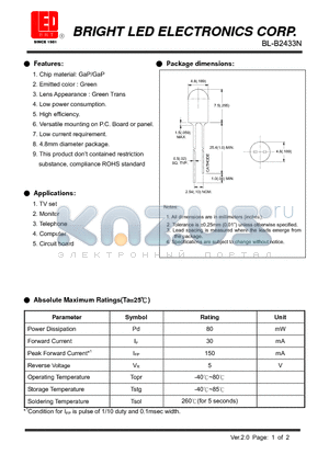 BL-B2433N datasheet - LED GaP/GaP Green Low current requirement High efficiency.