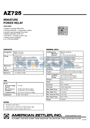 AZ725-1A-60D datasheet - MINIATURE POWER RELAY