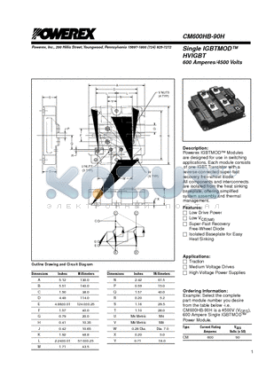 CM600HB-90H datasheet - Single IGBTMOD HVIGBT 600 Amperes/4500 Volts