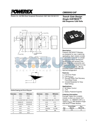 CM600HU-24F datasheet - Trench Gate Design Single IGBTMOD 600 Amperes/1200 Volts