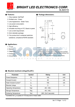 BL-B24V1G datasheet - LED GaP/GaP Green Low current requirement.