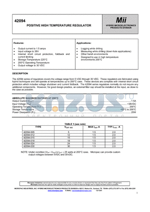 42094-015 datasheet - POSITIVE HIGH TEMPERATURE REGULATOR