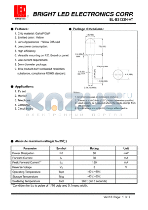 BL-B3133N-AT datasheet - Chip material: GaAsP/GaP