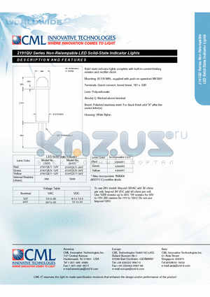 2191QU datasheet - Non-Relampable LED Solid-State Indicator Lights