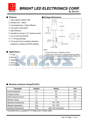 BL-B3134J datasheet - LED GaAsP/GaP YELLOW Low current requirement.