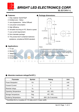 BL-B3134N-1-L datasheet - LED GaP/GaP YELLOW Low current requirement.