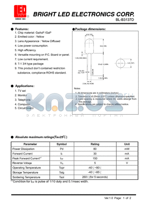 BL-B3137D datasheet - LED GaP/GaP YELLOW Low current requirement.