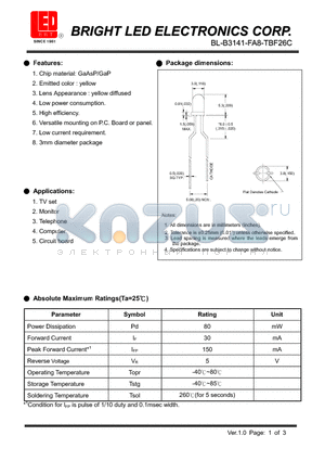 BL-B3141-FA8-TBF26C datasheet - Chip material:gaasp/gap