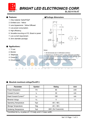 BL-B3141N-AT datasheet - Chip material: GaAsP/GaP