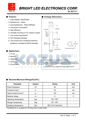 BL-B31V1 datasheet - LED GaP/GaP Yellow Low current requirement.