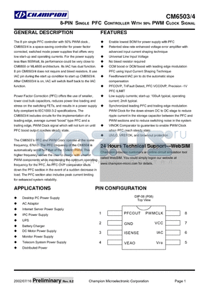 CM6503IP datasheet - 8-PIN SINGLE PFC CONTROLLER WITH 50% PWM CLOCK SIGNAL