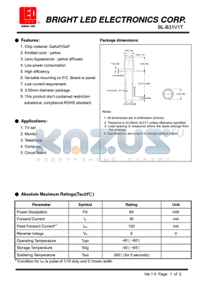 BL-B31V1T datasheet - LED GaP/GaP YELLOW Low current requirement.