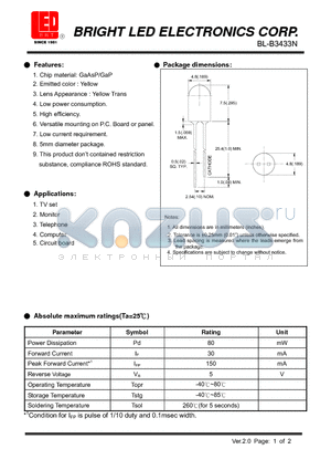 BL-B3433N datasheet - LED GaAsP/GaP YELLOW Low current requirement.