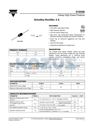21DQ06TR datasheet - Schottky Rectifier, 2 A