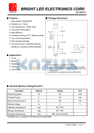 BL-B34V1 datasheet - LED GaP/GaP YELLOW Low current requirement.