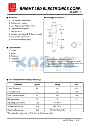 BL-B34V1T datasheet - LED GaAsP/GaP Hi-Eff Red Low current requirement.