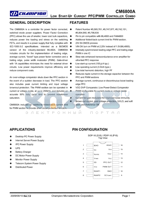 CM6800AGIP datasheet - LOW START-UP CURRENT PFC/PWM CONTROLLER COMBO