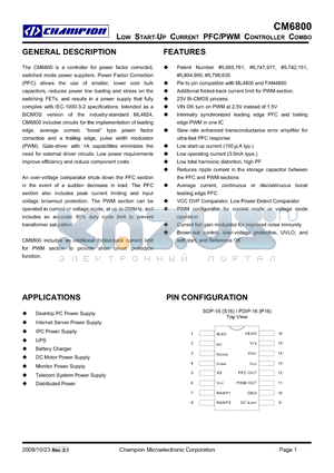 CM6800XIS datasheet - LOW START-UP CURRENT PFC/PWM CONTROLLER COMBO