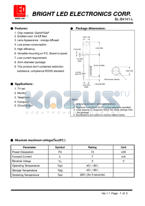 BL-B4141-L datasheet - LED GaAsP/GaP Hi-Eff Red Low current requirement High efficiency.