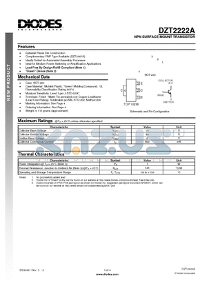 DZT2222A-13 datasheet - NPN SURFACE MOUNT TRANSISTOR