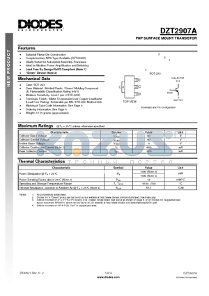 DZT2907A-13 datasheet - PNP SURFACE MOUNT TRANSISTOR