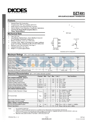 DZT491-13 datasheet - NPN SURFACE MOUNT TRANSISTOR